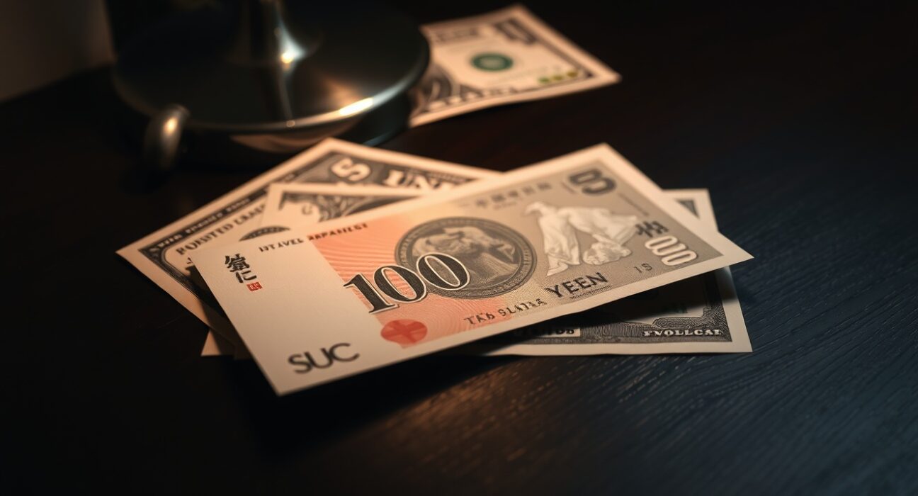 Japanese yen banknote on desk with US dollar in background, representing forex market analysis