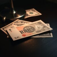 Japanese yen banknote on desk with US dollar in background, representing forex market analysis