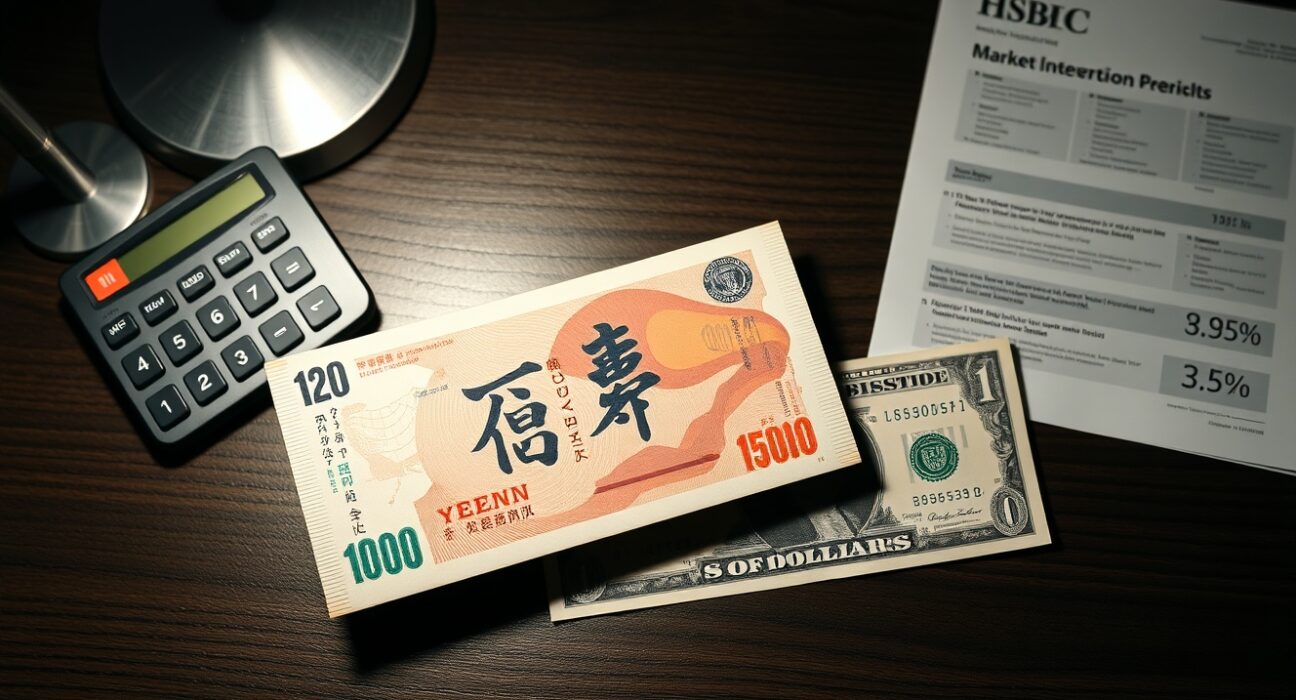 Japanese Yen and US Dollar banknotes on a desk with a financial report, representing currency market analysis.