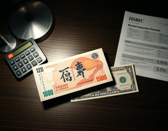 Japanese Yen and US Dollar banknotes on a desk with a financial report, representing currency market analysis.