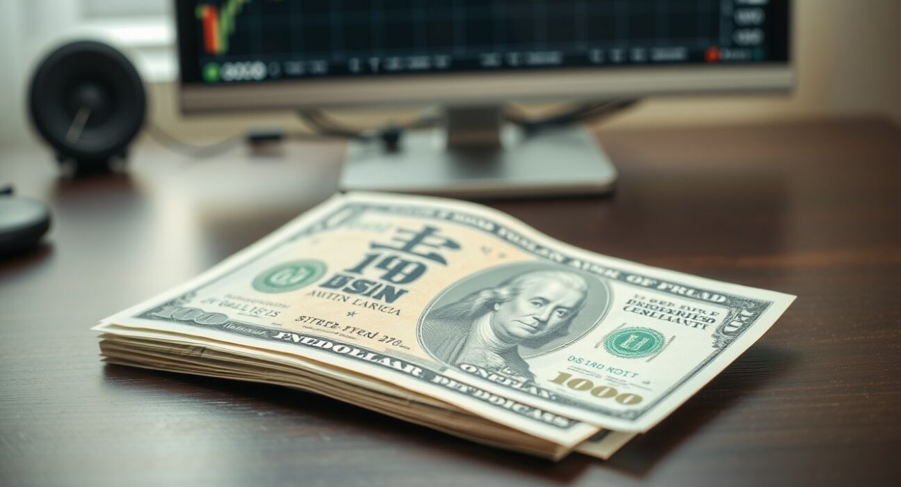 Close-up of Japanese yen and US dollar banknotes on a desk, symbolizing currency exchange rate risk.