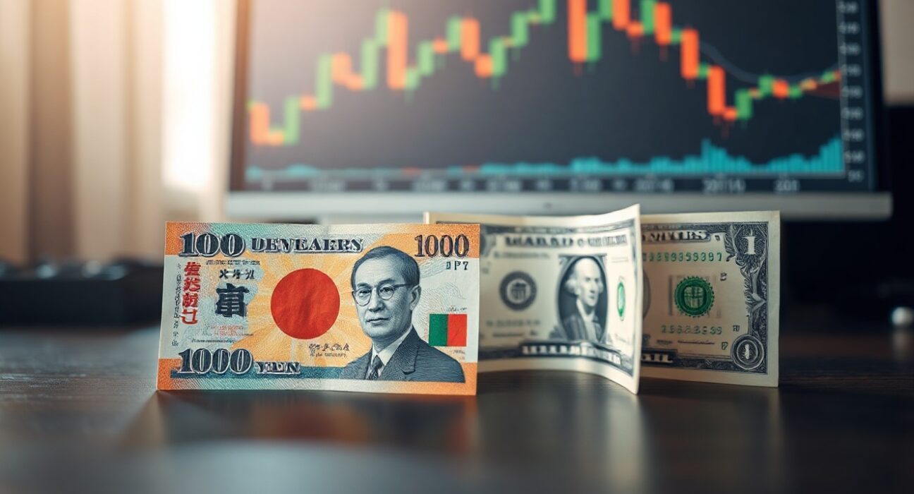 Japanese Yen and US Dollar banknotes with USD/JPY chart in background