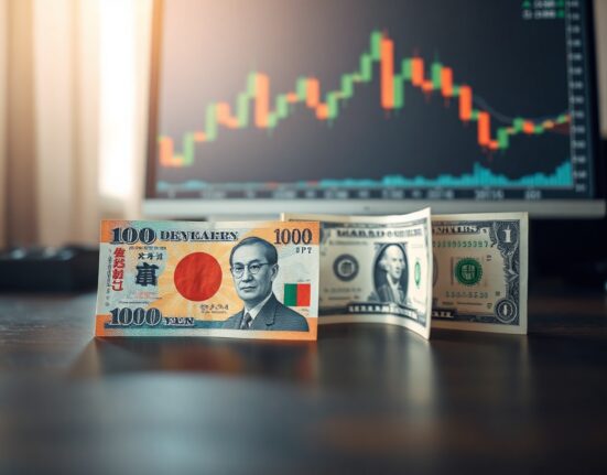 Japanese Yen and US Dollar banknotes with USD/JPY chart in background