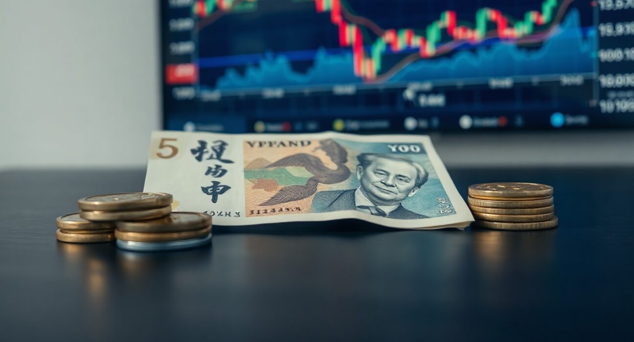 Japanese yen banknotes and coins on a wooden surface with a blurred economic chart background