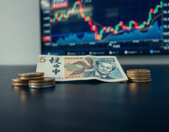 Japanese yen banknotes and coins on a wooden surface with a blurred economic chart background