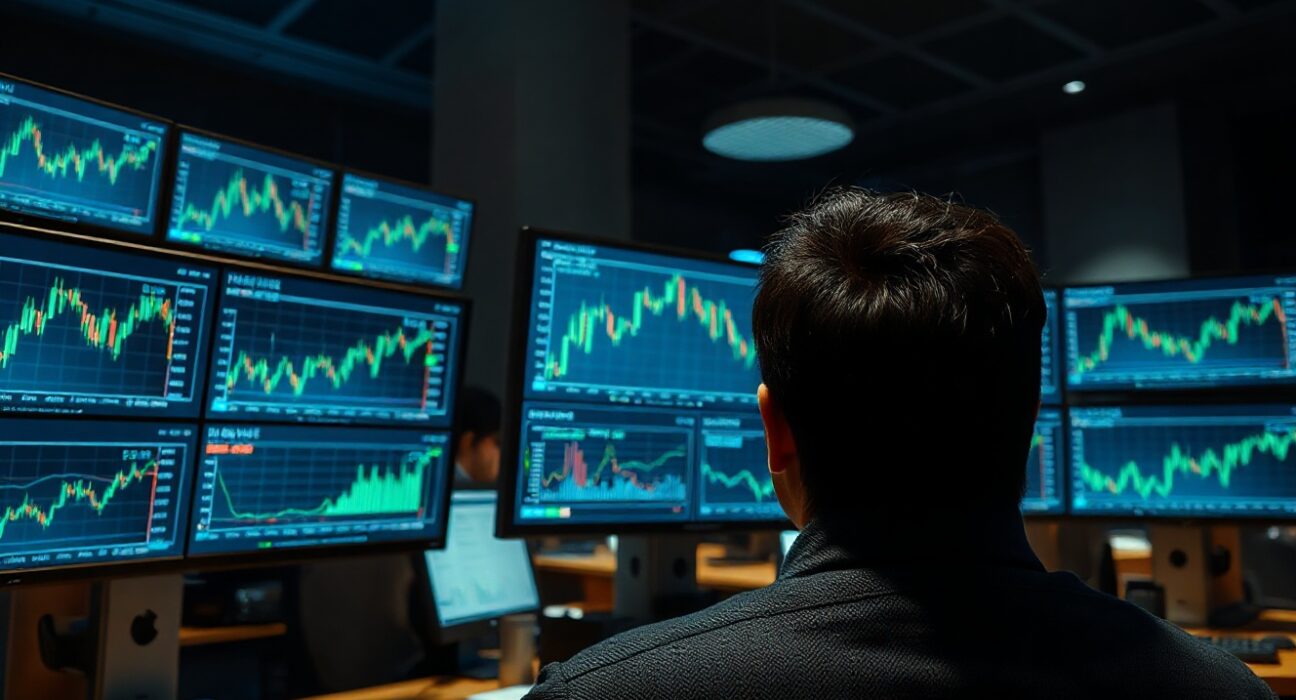 Trading screens showing USD/JPY charts and Japanese Yen symbols on a professional trading desk