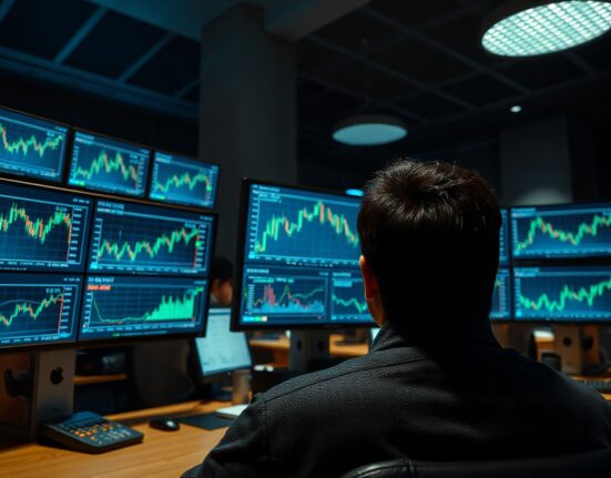 Trading screens showing USD/JPY charts and Japanese Yen symbols on a professional trading desk