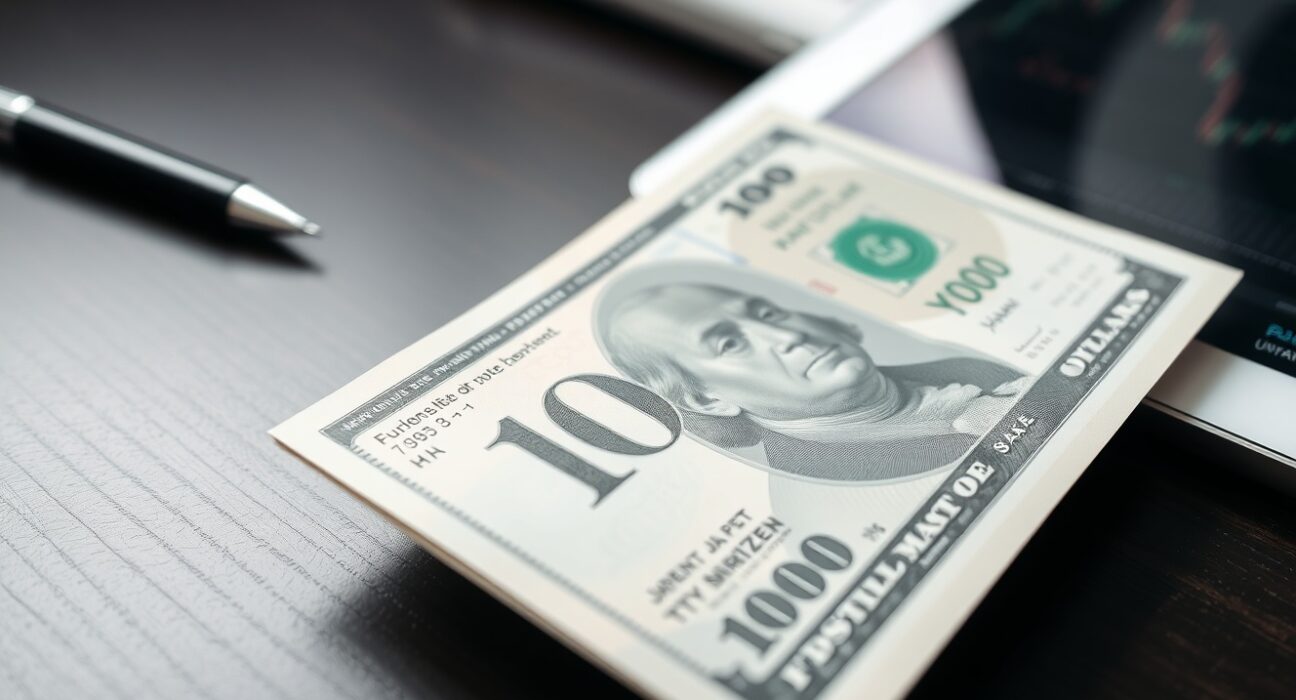 Japanese yen banknote and US dollar bill on desk with financial chart reflection