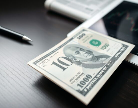 Japanese yen banknote and US dollar bill on desk with financial chart reflection