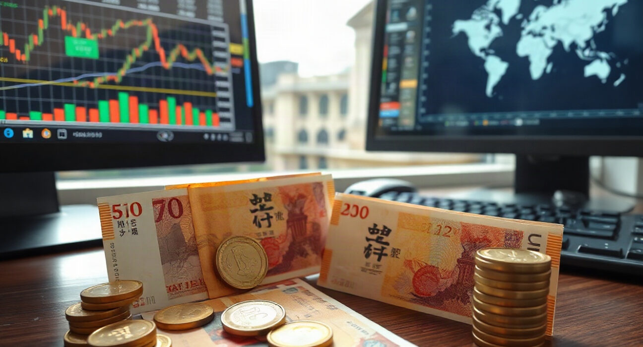 Japanese Yen banknotes and coins with financial charts and Bank of Japan building in background