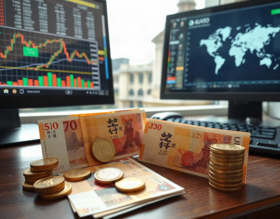 Japanese Yen banknotes and coins with financial charts and Bank of Japan building in background