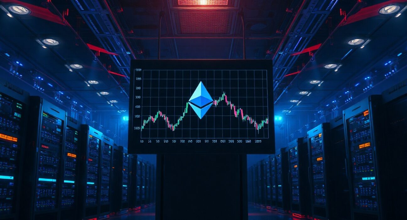 Digital screen showing Ethereum price chart with a downward trend in a server room