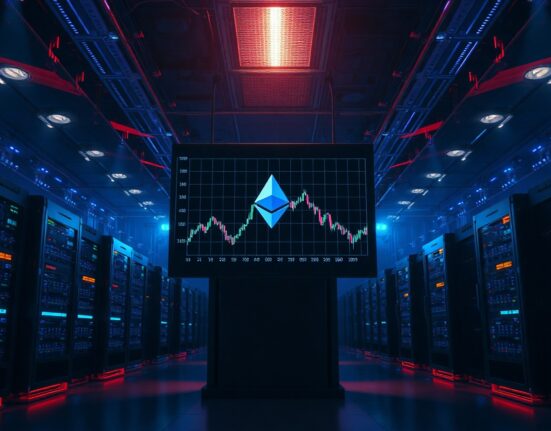 Digital screen showing Ethereum price chart with a downward trend in a server room