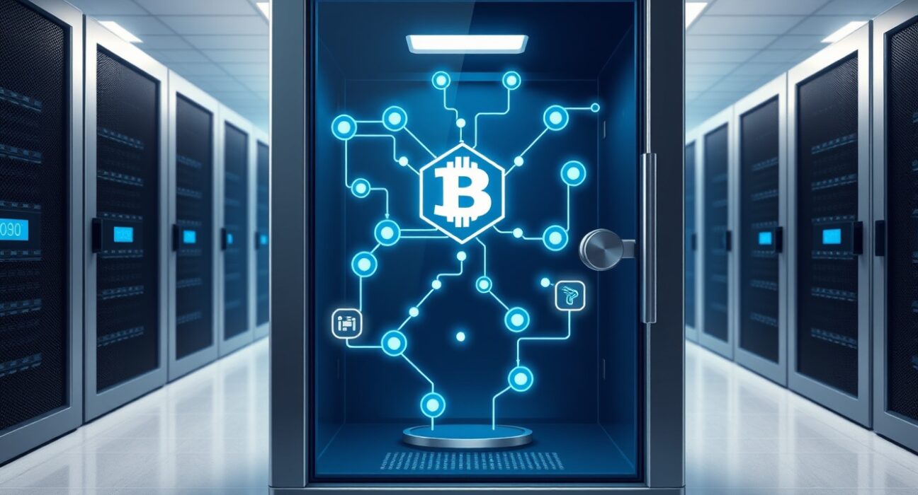 JasmyCoin's IoT data security concept visualized as a transparent digital vault with blockchain connections.