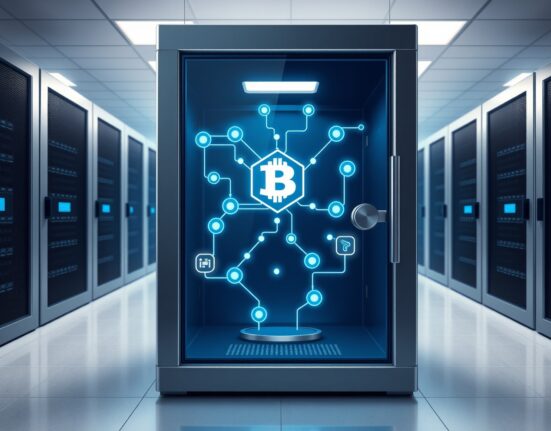 JasmyCoin's IoT data security concept visualized as a transparent digital vault with blockchain connections.