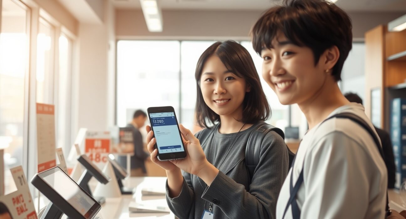 Tourist paying with smartphone at a store in Tokyo as part of JCB's USDC stablecoin pilot program