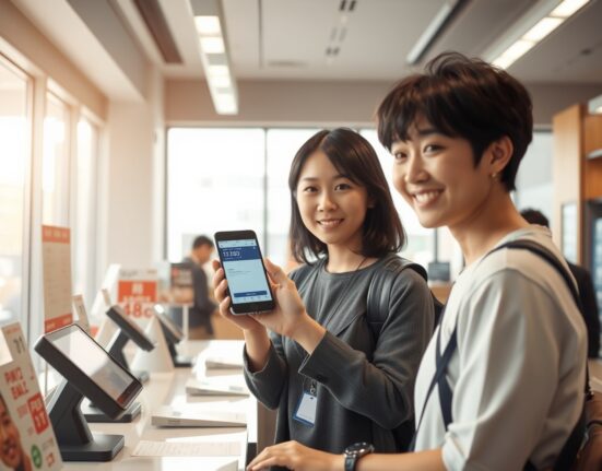 Tourist paying with smartphone at a store in Tokyo as part of JCB's USDC stablecoin pilot program