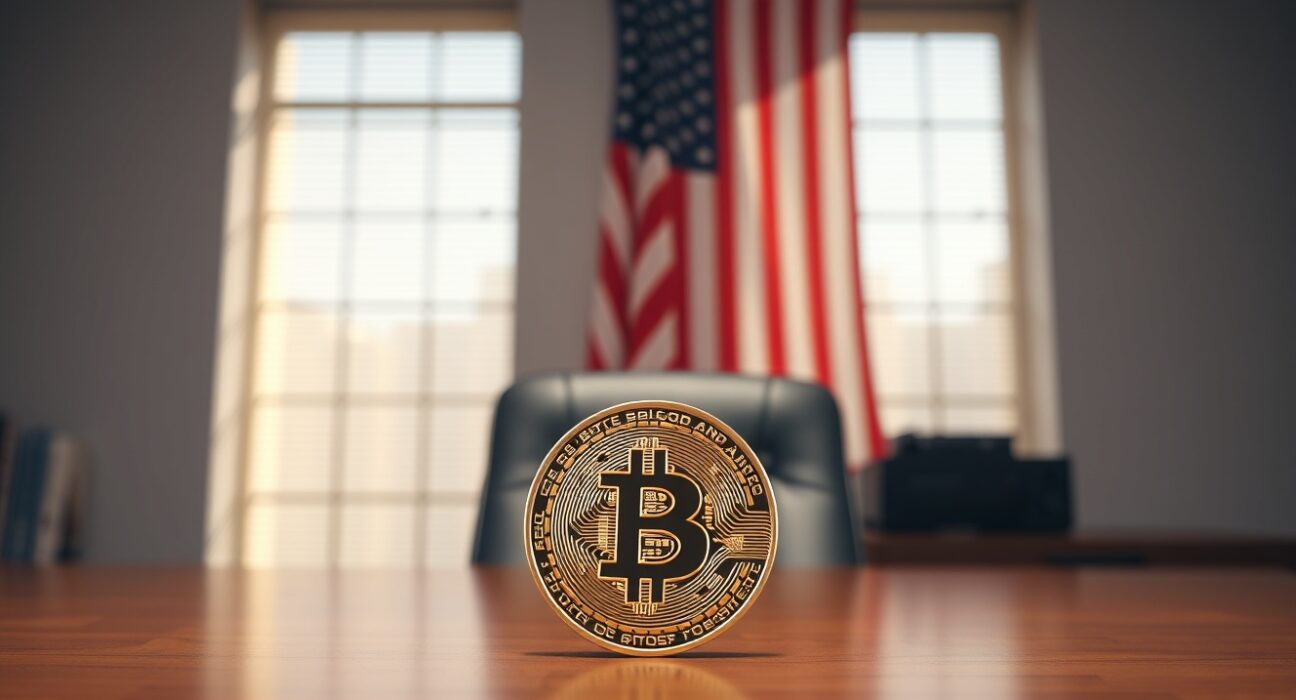 Bitcoin coin on a desk in a professional office with an American flag in the background