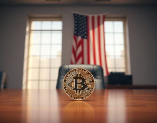 Bitcoin coin on a desk in a professional office with an American flag in the background