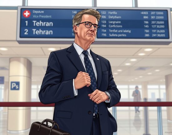 Vice President JD Vance awaiting departure for Iran talks at airport terminal