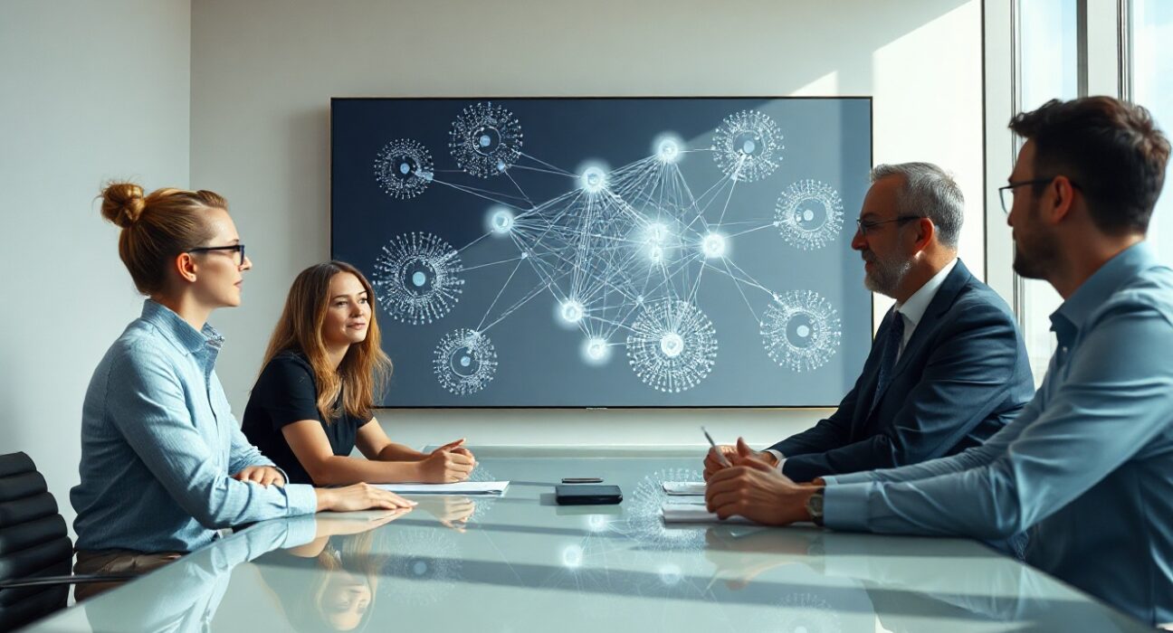 Team reviewing a context graph visualization in a modern office