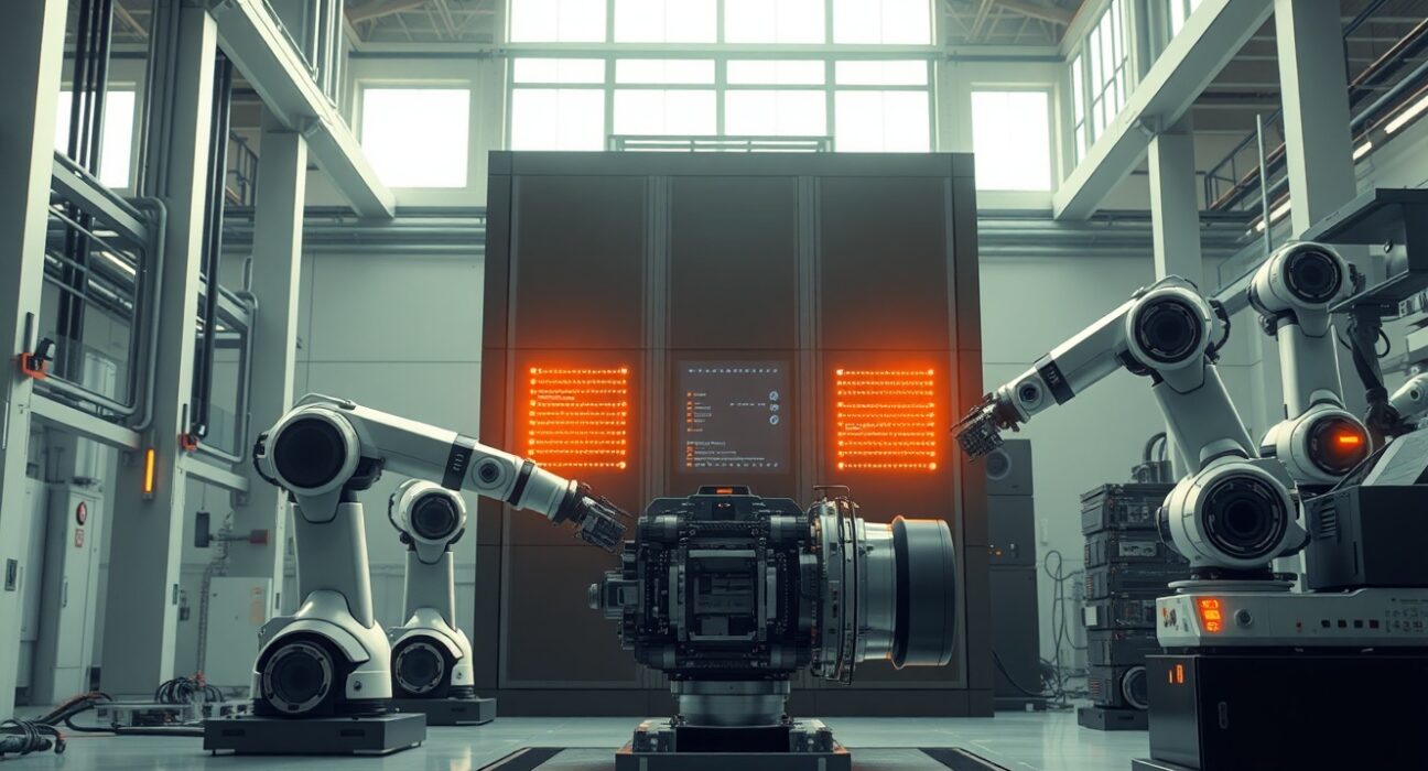 AI and robotics transforming a modern manufacturing facility, representing Jeff Bezos's Project Prometheus.