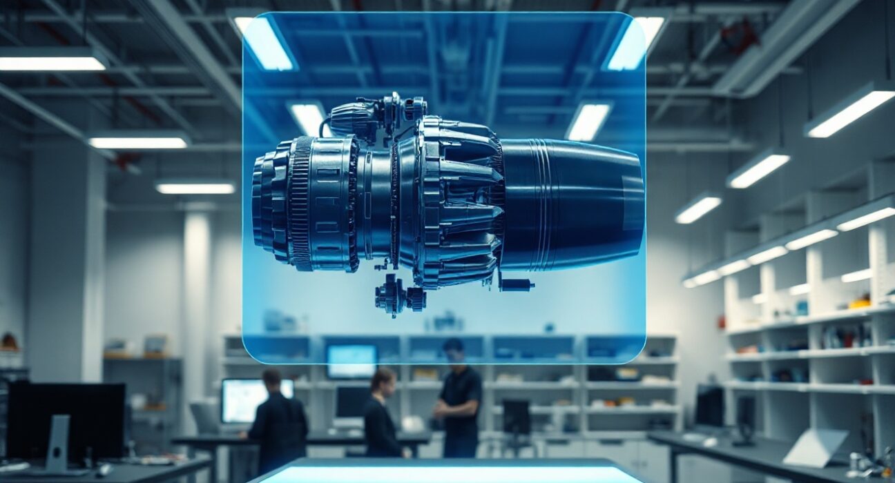 Holographic jet engine projection in a modern engineering lab representing Prometheus's physical AI