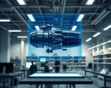 Holographic jet engine projection in a modern engineering lab representing Prometheus's physical AI