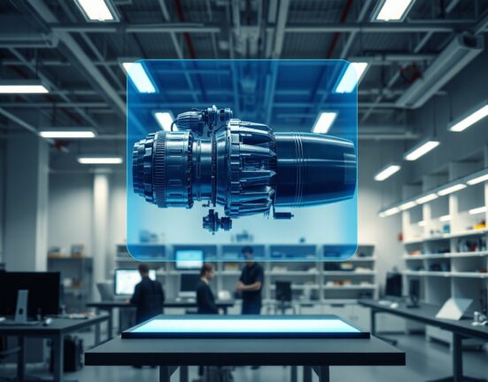 Holographic jet engine projection in a modern engineering lab representing Prometheus's physical AI