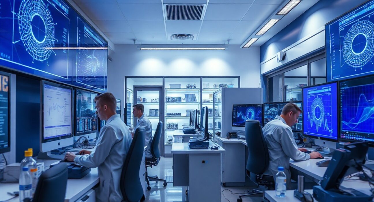 Scientists working in a high-tech AI research lab with advanced computer screens and data visualizations