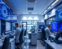 Scientists working in a high-tech AI research lab with advanced computer screens and data visualizations