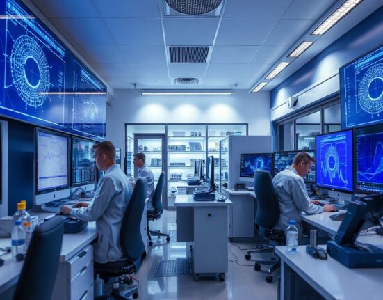 Scientists working in a high-tech AI research lab with advanced computer screens and data visualizations