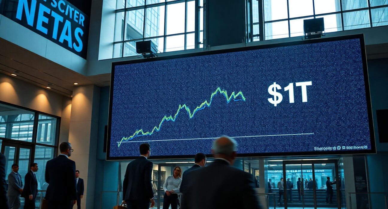 Digital stock exchange board showing upward trend with $1T projection in a modern financial district setting.