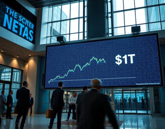 Digital stock exchange board showing upward trend with $1T projection in a modern financial district setting.