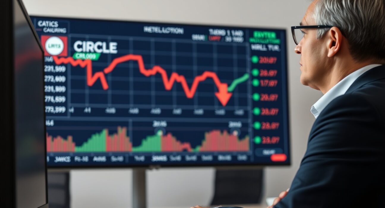 Financial analyst reviewing Circle stock chart with declining and rebounding prices in a modern office
