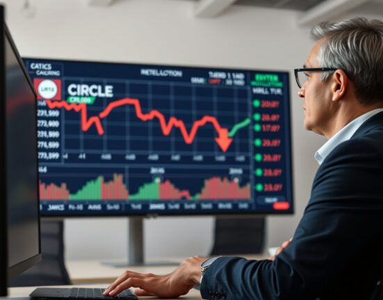 Financial analyst reviewing Circle stock chart with declining and rebounding prices in a modern office