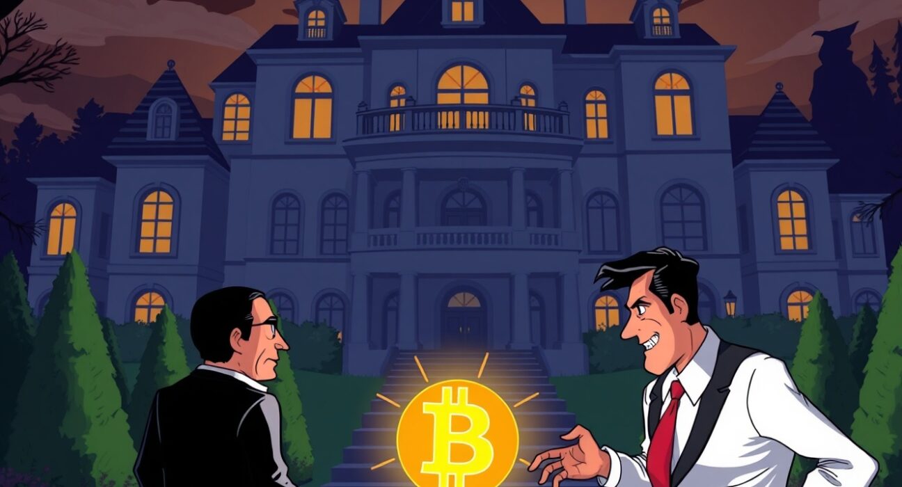 Explosive Jeffrey Epstein files reveal secret Bitcoin meeting in cartoon mansion illustration.
