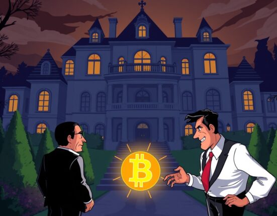 Explosive Jeffrey Epstein files reveal secret Bitcoin meeting in cartoon mansion illustration.