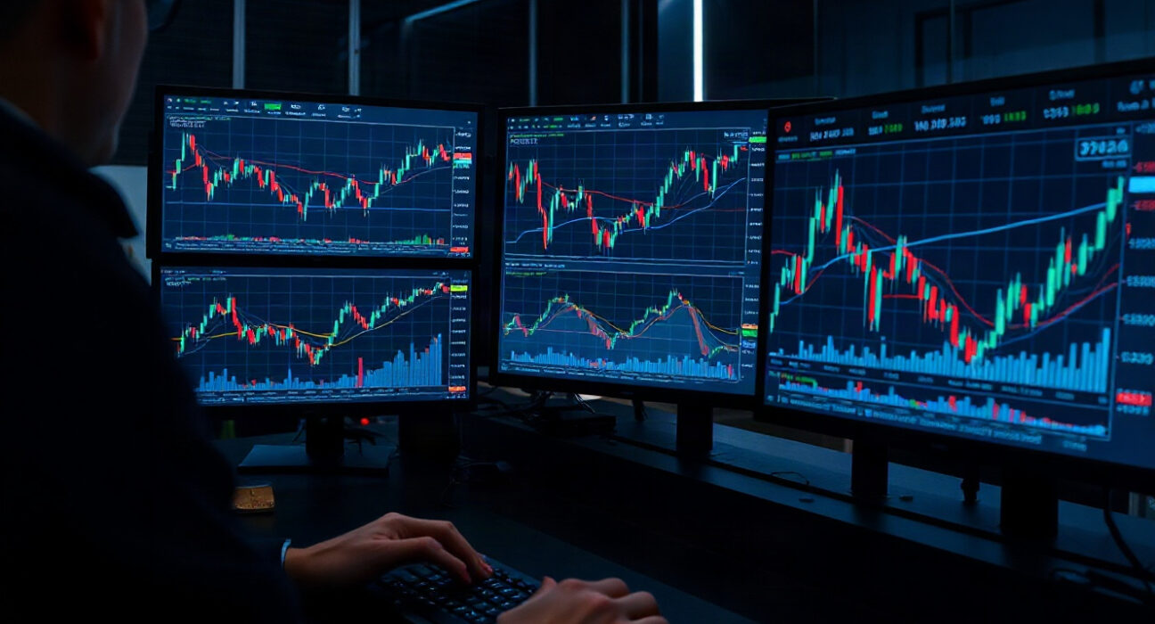 Trading desk with monitors showing Ethereum and Bitcoin charts, representing leveraged crypto positions