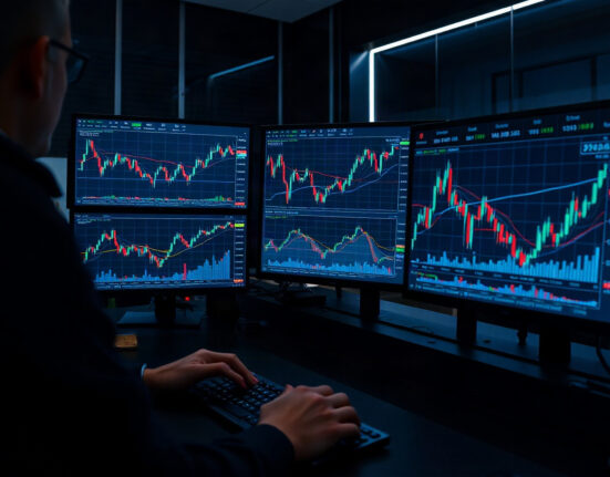 Trading desk with monitors showing Ethereum and Bitcoin charts, representing leveraged crypto positions