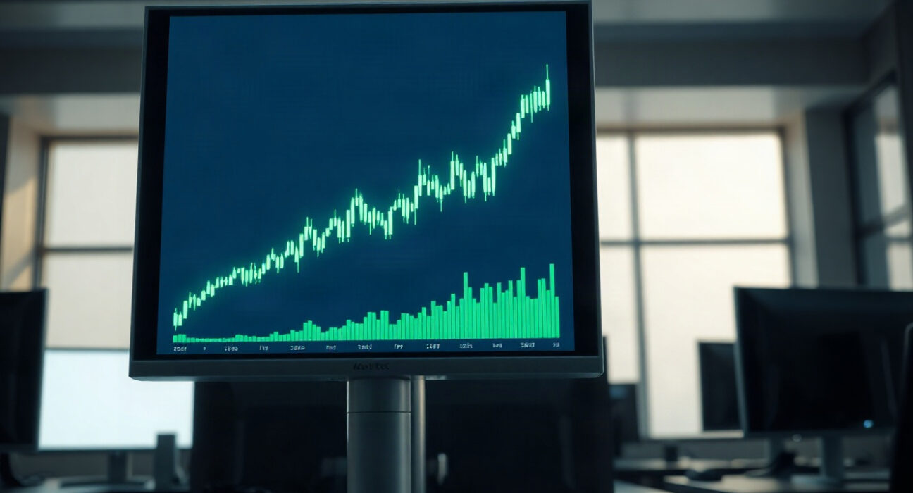 Trading screen showing Bitcoin chart with green upward trend