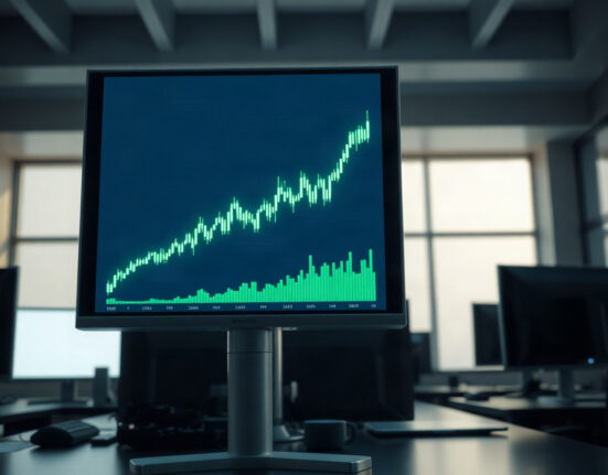 Trading screen showing Bitcoin chart with green upward trend
