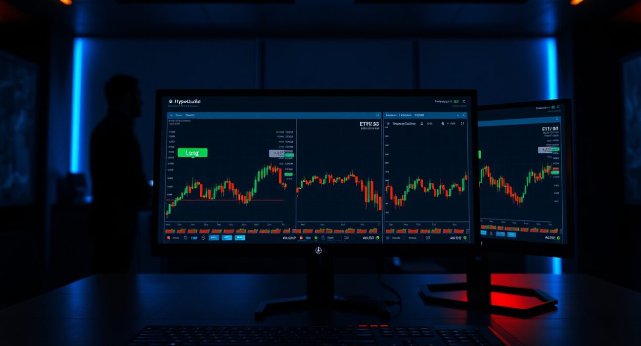 Trading desk with monitors showing Hyperliquid platform and Ethereum price charts