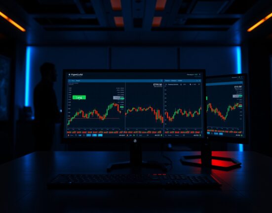 Trading desk with monitors showing Hyperliquid platform and Ethereum price charts