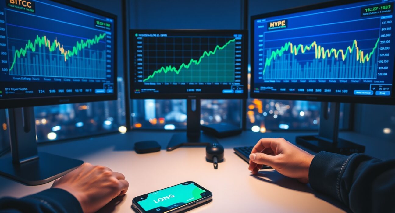 A trading desk with monitors showing Bitcoin and Hyperliquid price charts and a phone displaying a long position.