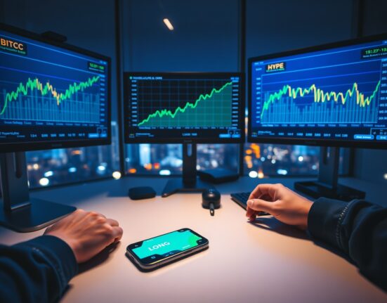 A trading desk with monitors showing Bitcoin and Hyperliquid price charts and a phone displaying a long position.