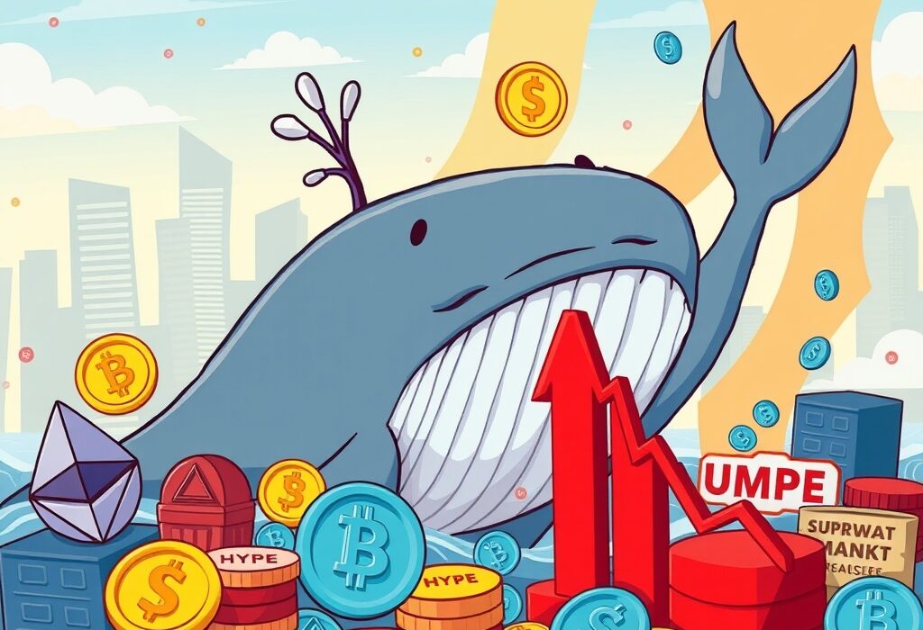 A cartoon illustration of a distressed whale character amidst cryptocurrency symbols, representing Jeffrey Huang crypto losses and market volatility.