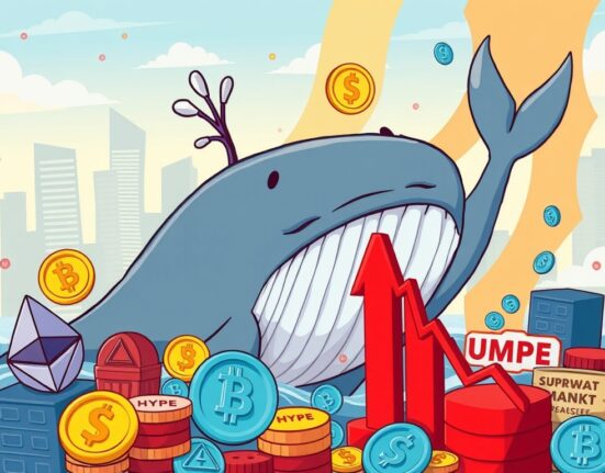 A cartoon illustration of a distressed whale character amidst cryptocurrency symbols, representing Jeffrey Huang crypto losses and market volatility.
