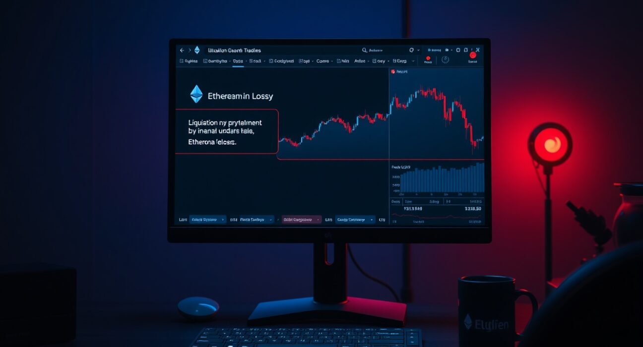 Crypto trading screen showing ETH liquidation alert with red chart