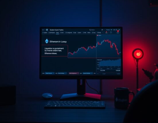 Crypto trading screen showing ETH liquidation alert with red chart